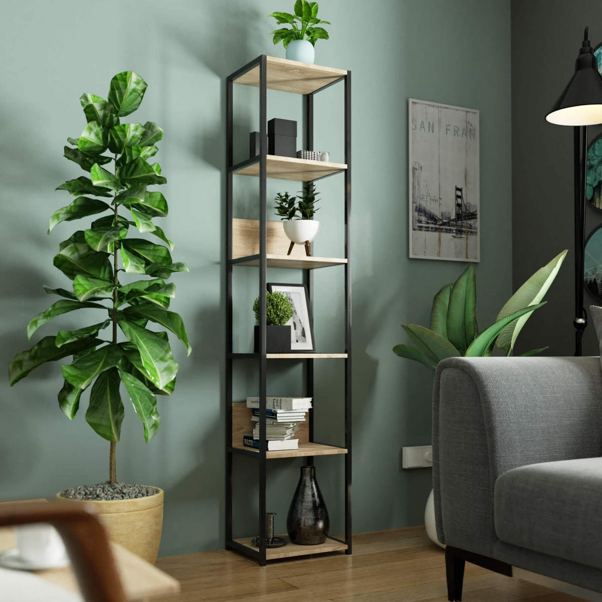 INDUSTRIEREGAL Schwarz, Sonoma Eiche 40x192x32 cm - Schwarz/Sonoma Eiche, Holzwerkstoff/Metall (40/192/32cm) - Akord