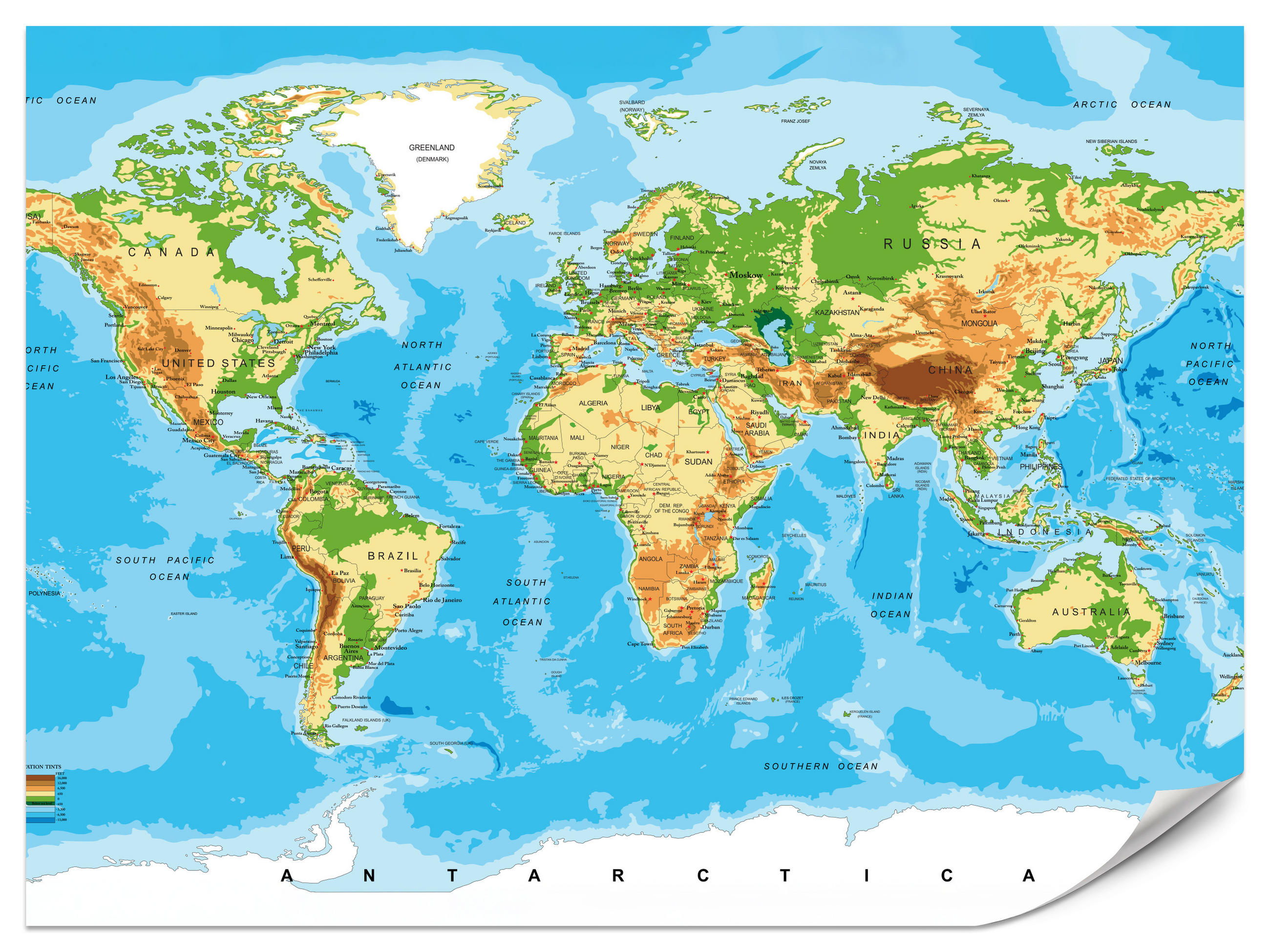 FOTOTAPETE für Wohnzimmer Physische Weltkarte Schriften 150x105 - Blau/Gelb, Papier (150/105cm) - Muralo