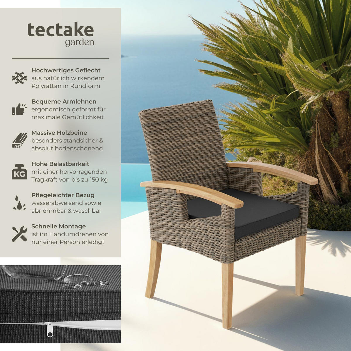 RATTAN STUHL Rosarno,inklusive Sitzpolster, 62,5 x 71,5 x 94 cm,natur - Naturfarben, Kunststoff (62.5/94/71.5cm) - tectake
