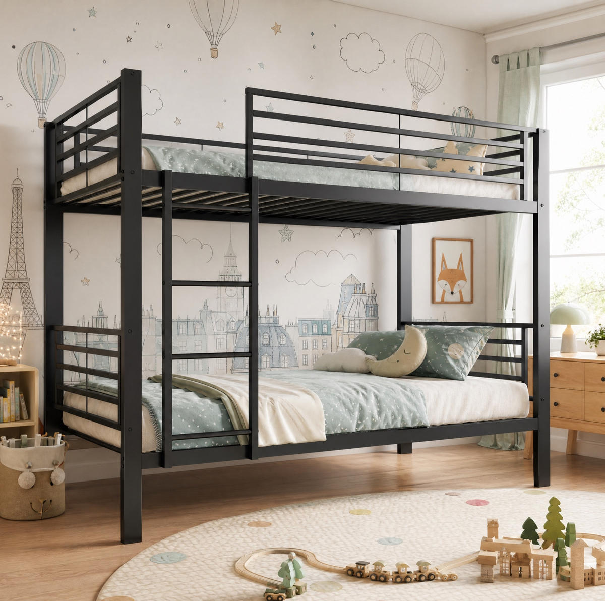 ETAGENBETT aus Metall 90x200 cm Schwarz mit beidseitig montierbarer Leiter - Schwarz, Metall (90/200cm) - Modfu