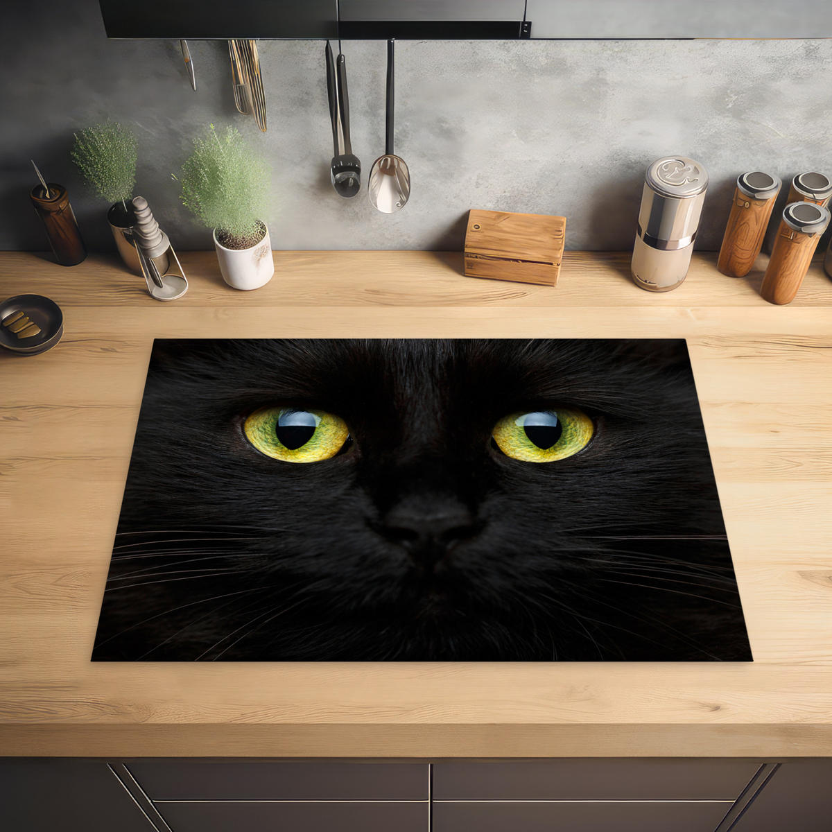 HERDABDECKPLATTE Katze - Augen - Gelb - Schwarz Herdabdeckung Induktionsfeld 75x52 cm - Schwarz, Kunststoff (75/52/0.2cm) - MuchoWow