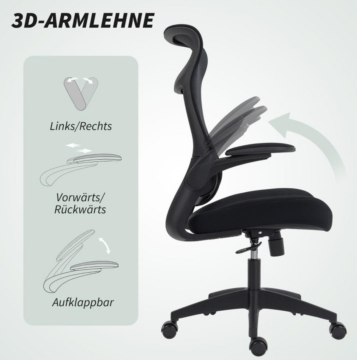 DREHSTUHL 64/108–118/65 cm Schwarz aus Kunststoff mit 3D-Armlehnen - Schwarz, Kunststoff (64/118/65cm) - OKMYHOME