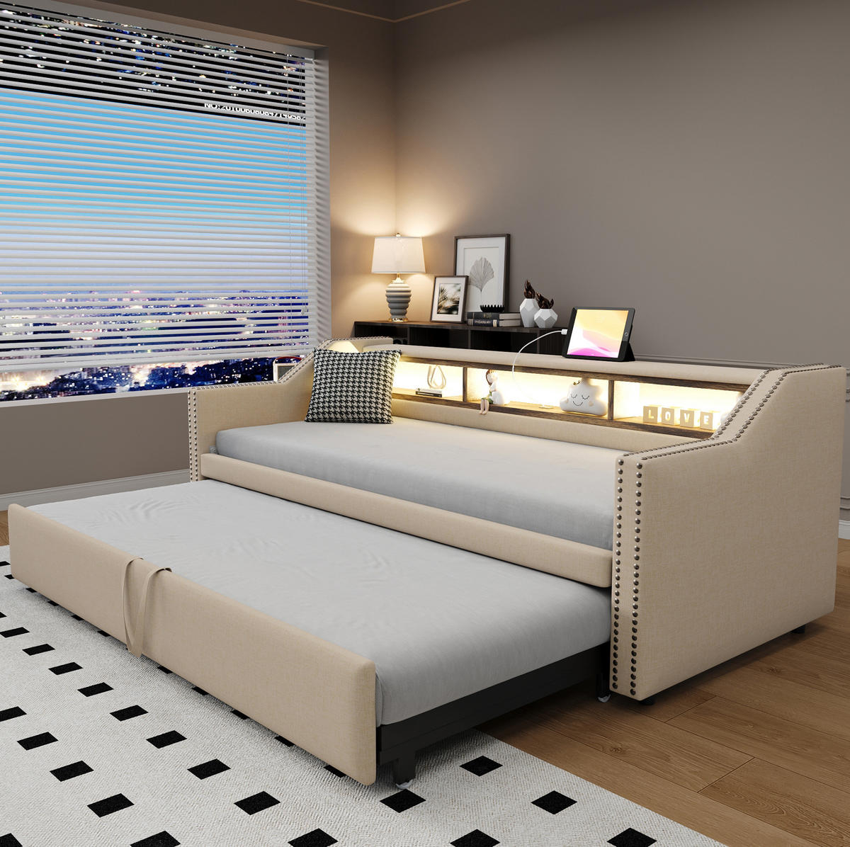 BETT 90/180/190 cm Beige aus Leinenstoff mit Bett - Beige, Textil (90/190cm) - OKMYHOME