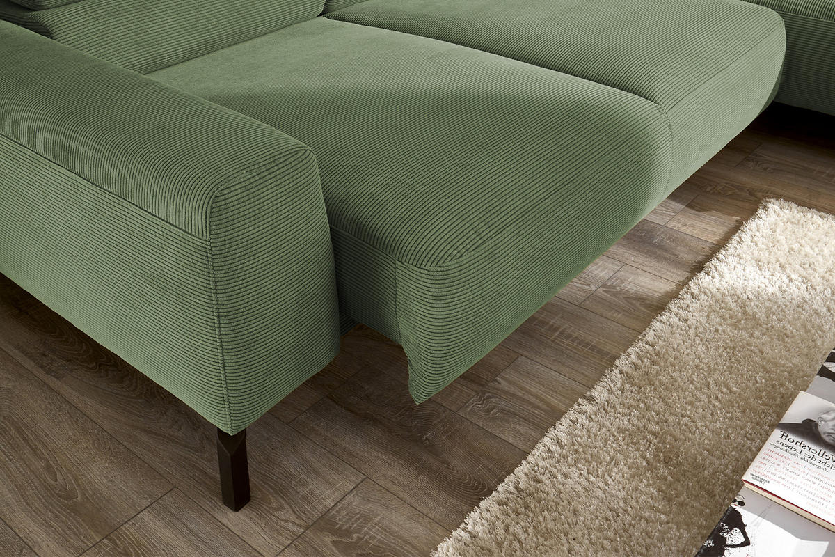 ECKSOFA MIT MOTORISCHEM SITZVORZUG DELIA Grün Cord - Schwarz/Grün, Textil/Metall (276/219cm) - KAWOLA