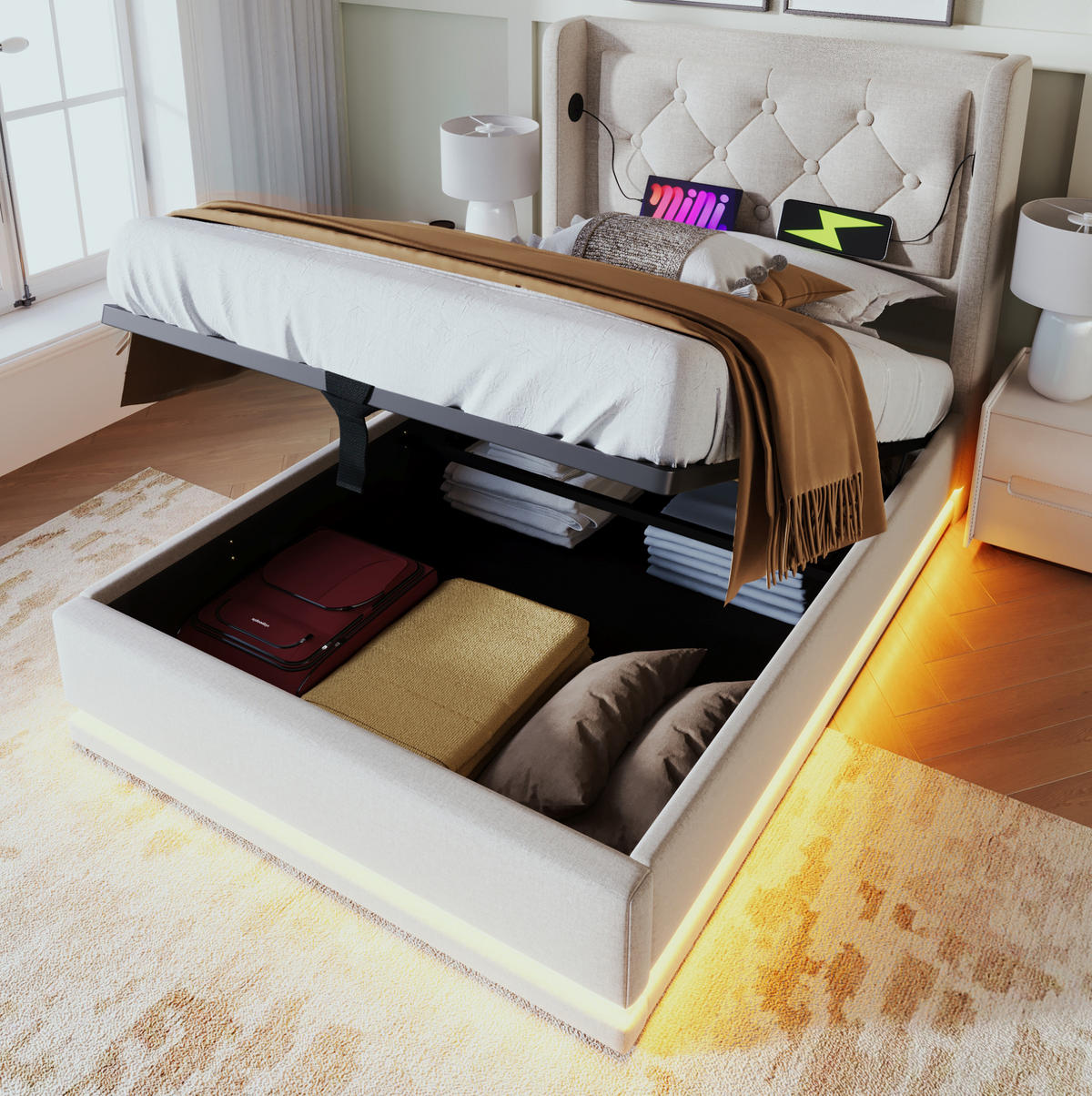 POLSTERBETT 90/200 cm Beige mit hydraulischem Stauraum und USB-Typ-C-Anschluss - Beige, Textil (90/200cm) - OKWISH