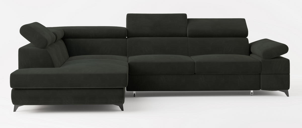ECKSOFA FAVIEN L-S Schwarz Velours-Stoff mit Schlaffunktion - Schwarz, Holz (257/190cm) - MASSENO