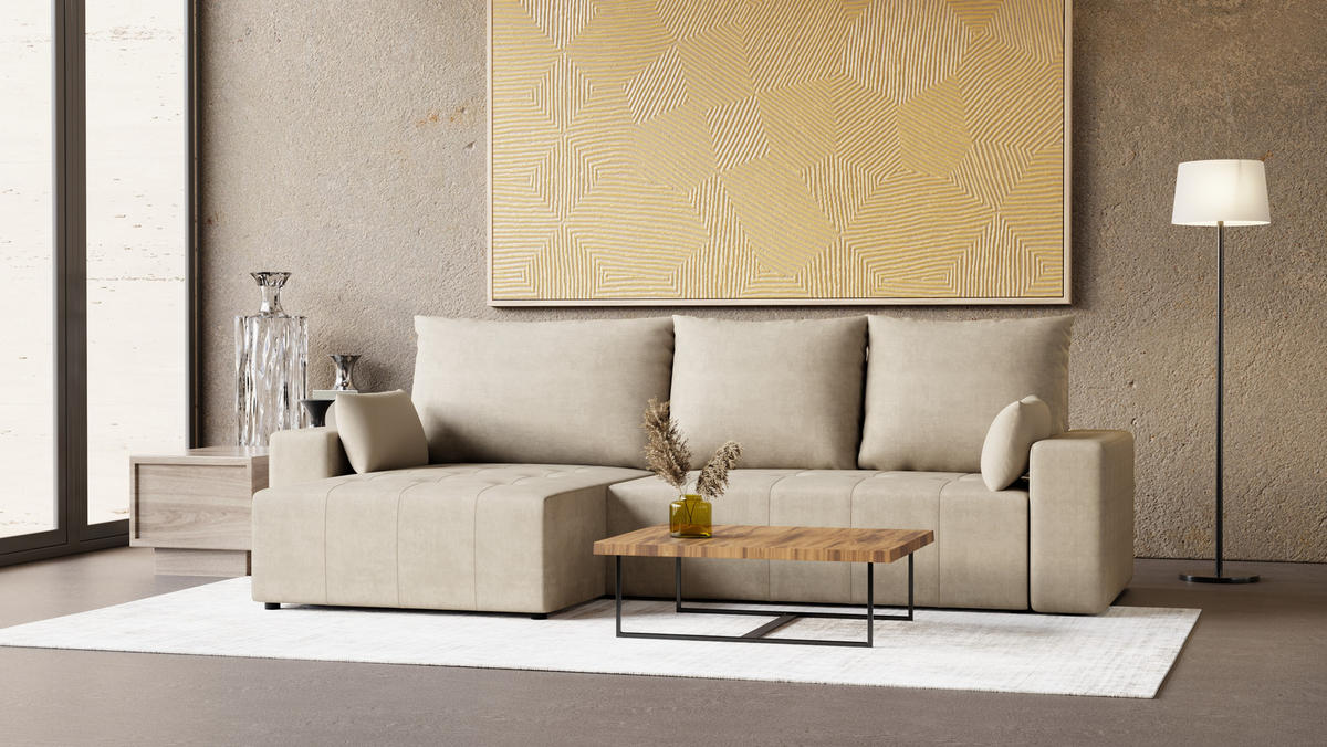 ECKSOFA Tico mit Bettkasten und Schlaffunktion, L-Form/XL-Form, Velourstoff, Universal - Beige, Holzwerkstoff (276/145cm) - 4ALL HOME