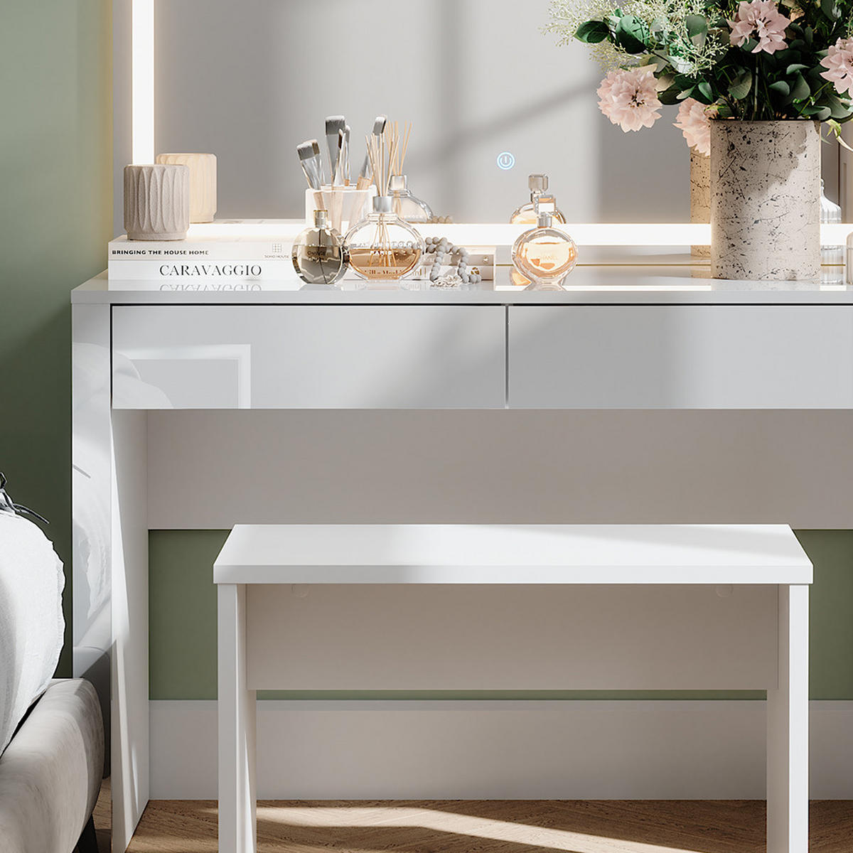 SCHMINKTISCH Annabelle Weiß Hochglanz/Weiß 110 cm mit LED-Spiegel und Bank - Weiß Hochglanz/Weiß, Holzwerkstoff (110/75.5/50cm) - Vicco