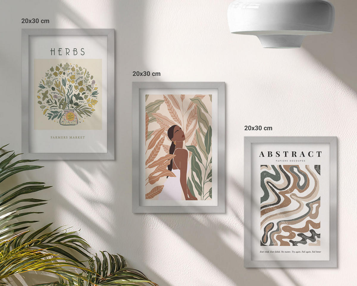 BILDER SET 3er Set - 20x30 cm Silberner Rahmen - Boho-Pastell-Minimalisten-Poster - Silberfarben, Kunststoff (20/30cm) - TULUP