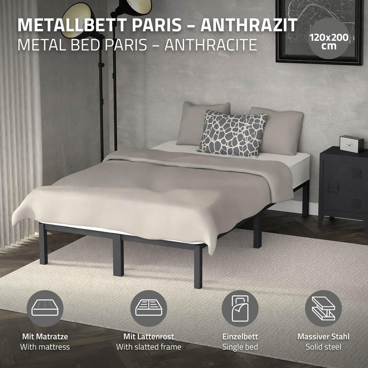 METALLBETT mit MATRATZE 120/200cm - Anthrazit, Metall (120/200cm) - ML-DESIGN