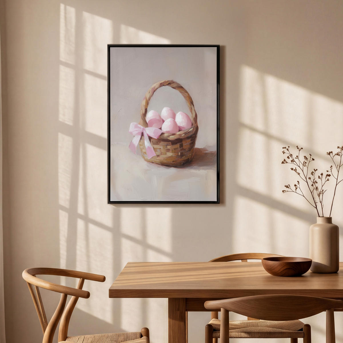 LEINWAND Bilder mit Rahmen - Korb - Eier - Rosa - 60x90 - Beige, Textil (60/90cm) - MuchoWow