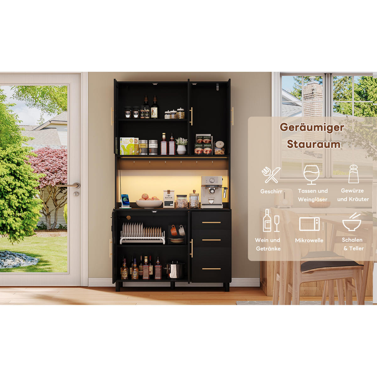 KÜCHENANRICHTE 100x40x183 cm, 3 Schubladen, 2 Steckdosen, 2 USB-Anschlüsse, LED-Beleuchtung, verstellbare Einlegeböden, Rattan, Goldgriffe, Schwarz - Schwarz, Holzwerkstoff (100/183/40cm) - FOHERE