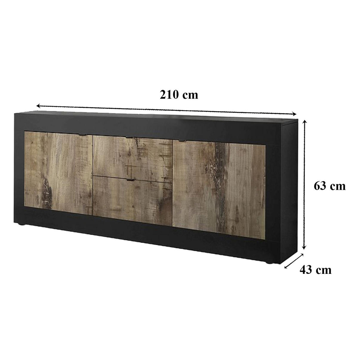 SIDEBOARD mit 2 Türen und 2 Schubladen Itinial - L210 cm - Schwarz/Braun, Holzwerkstoff (43/65/210cm) - Calicosy
