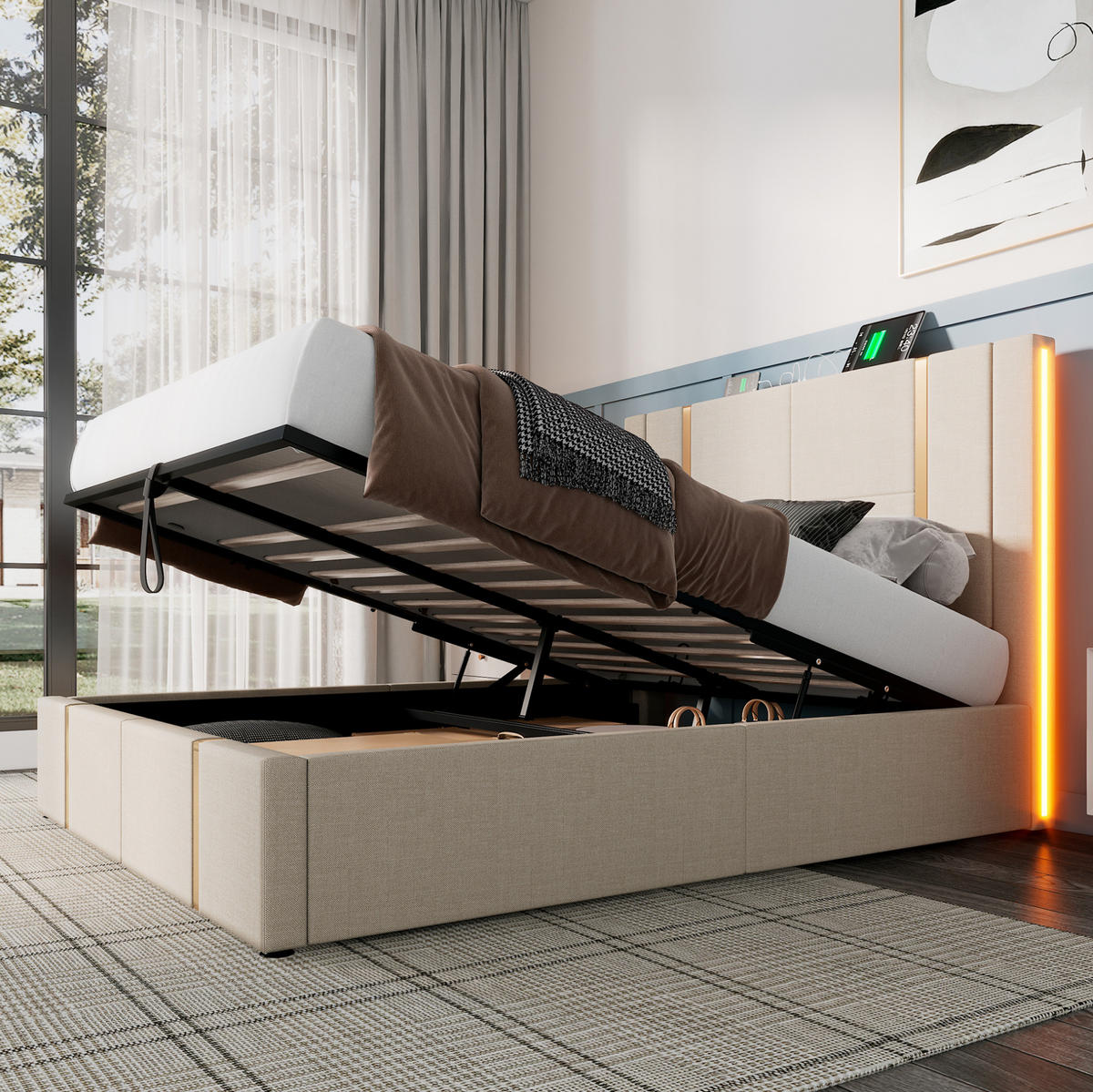 POLSTERBETT 140/200 cm mit Bettkasten, LED & USB/Typ-C, Leinen in Beige - Beige, Textil (140/200cm) - Redom