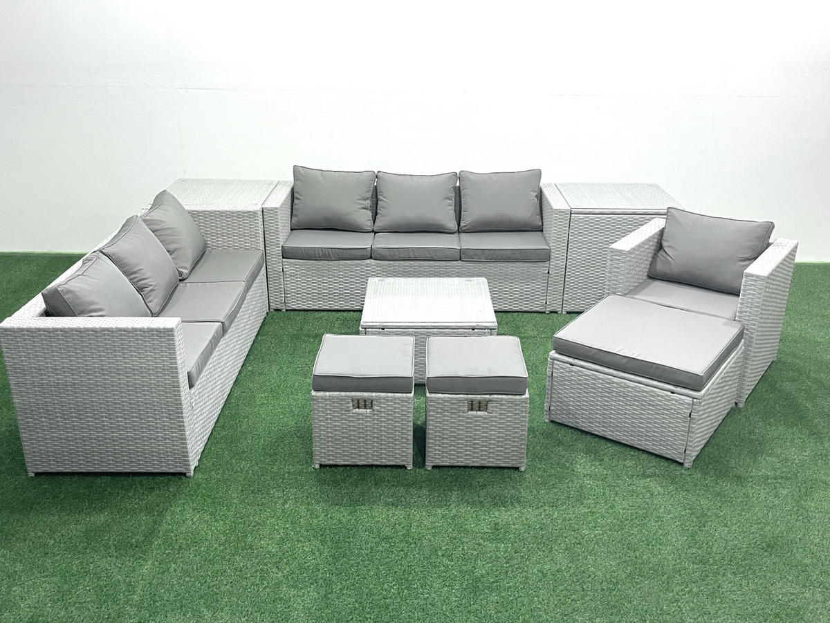 GARTENMÖBEL-SET mit Kissen Polyrattan Hellgrau-Mix 10-Sitzer - Hellgrau/Grau, Glas/Kunststoff - Fimous