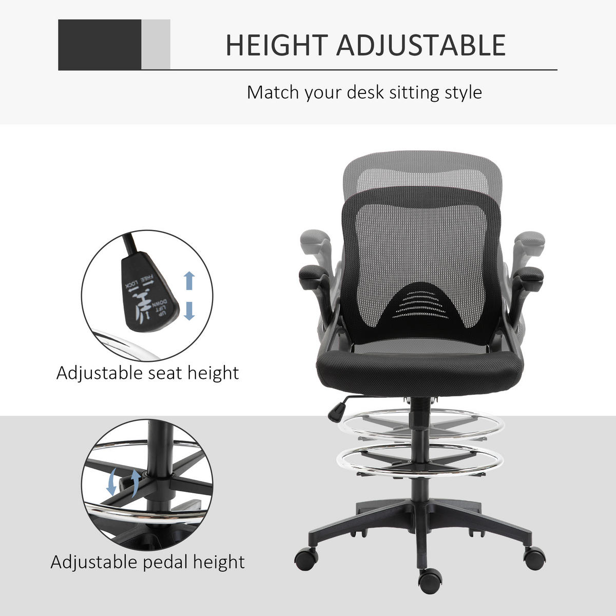 MESH Zeichenstuhl Ergonomischer Bürostuhl mit Rollen drehbar Schwarz - Schwarz, Textil (60/126/64cm) - Vinsetto