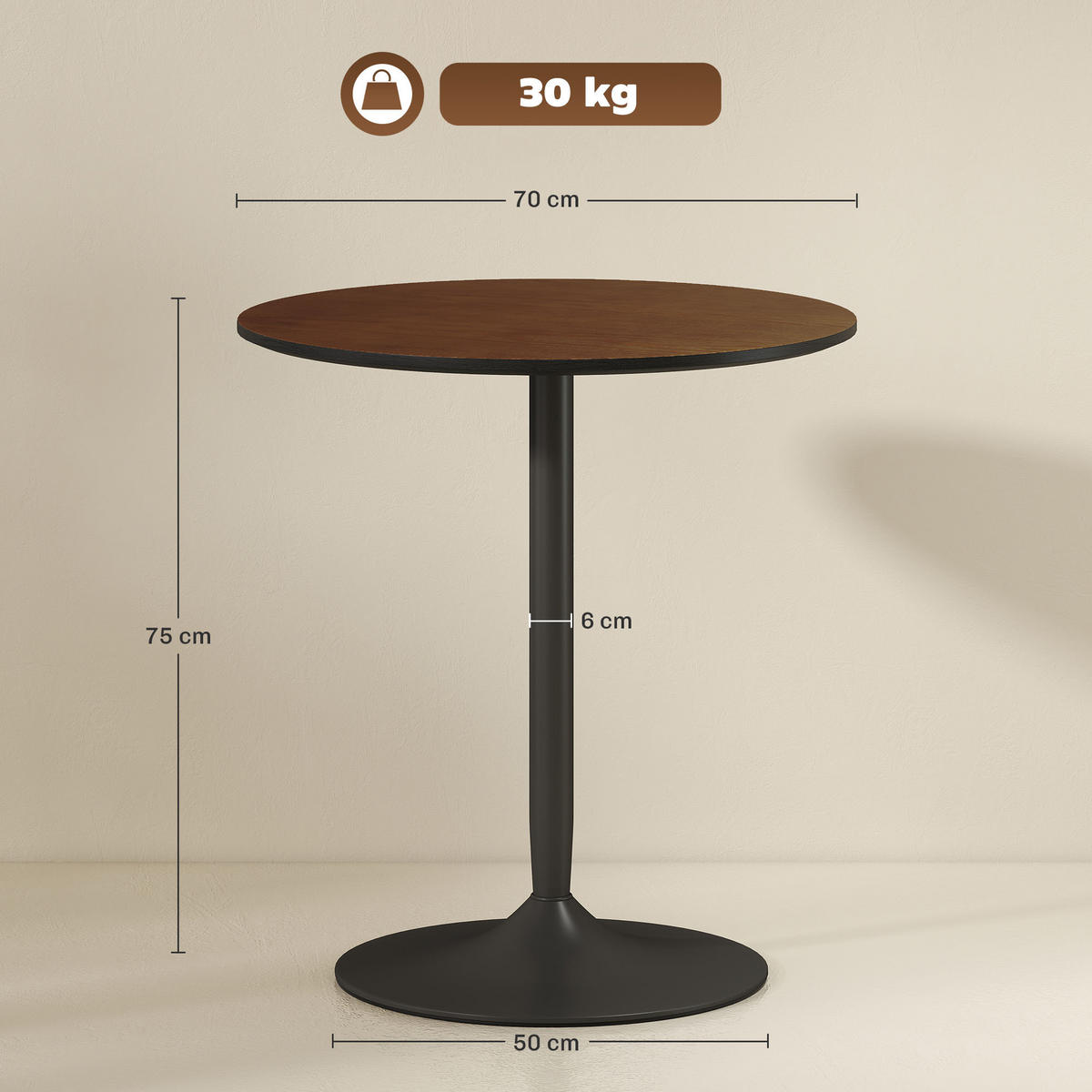 ESSTISCH Runder DE-16512 Massivholz-Furnier, 70 cm, 2 Personen Braun - Braun, Holzwerkstoff (70/70/75cm) - ComfortXL