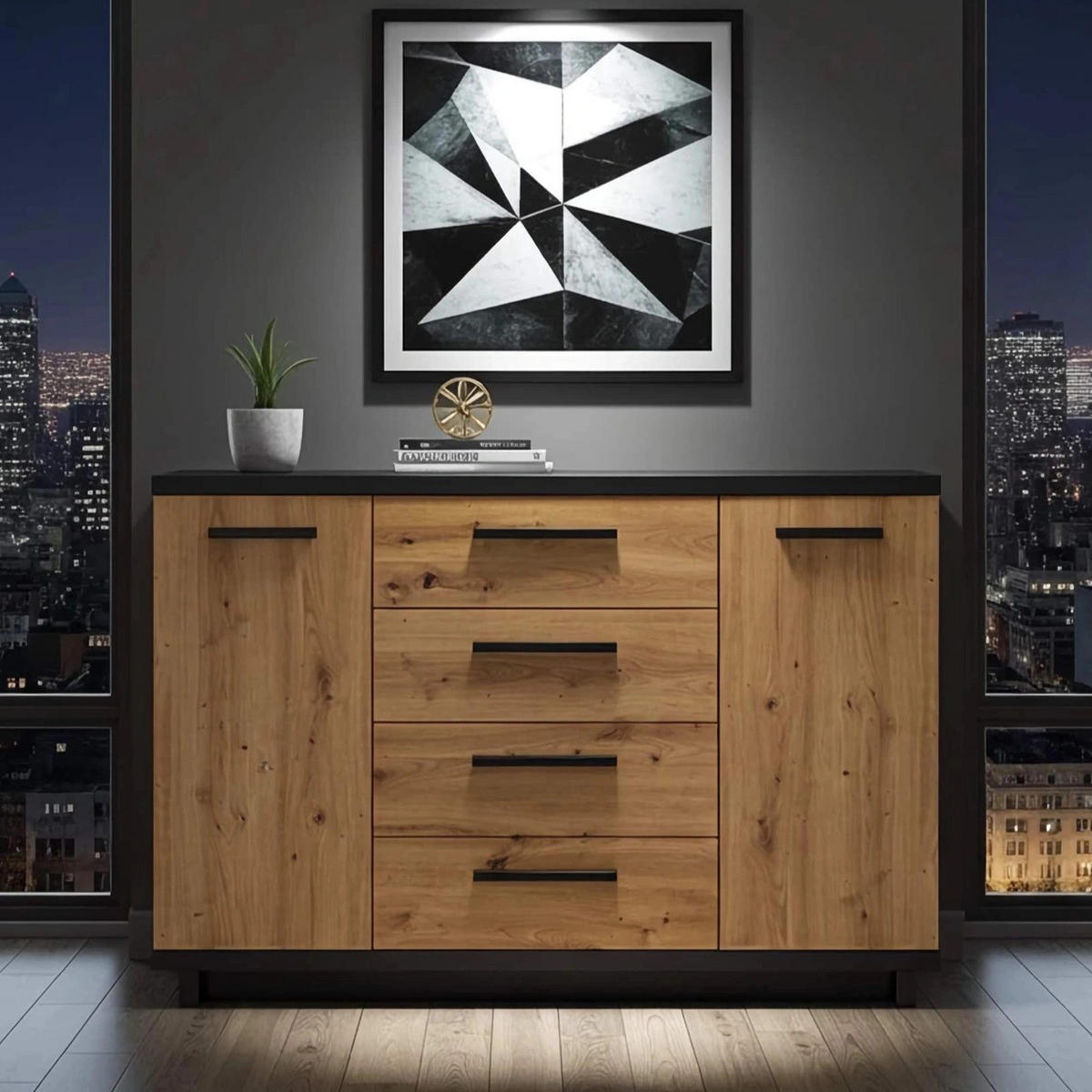 SIDEBOARD Zonda 135/90/40 mit Schubladen und Türen - Schwarz/Eiche Artisan, Holzwerkstoff/Kunststoff (135/90/40cm) - Ravio
