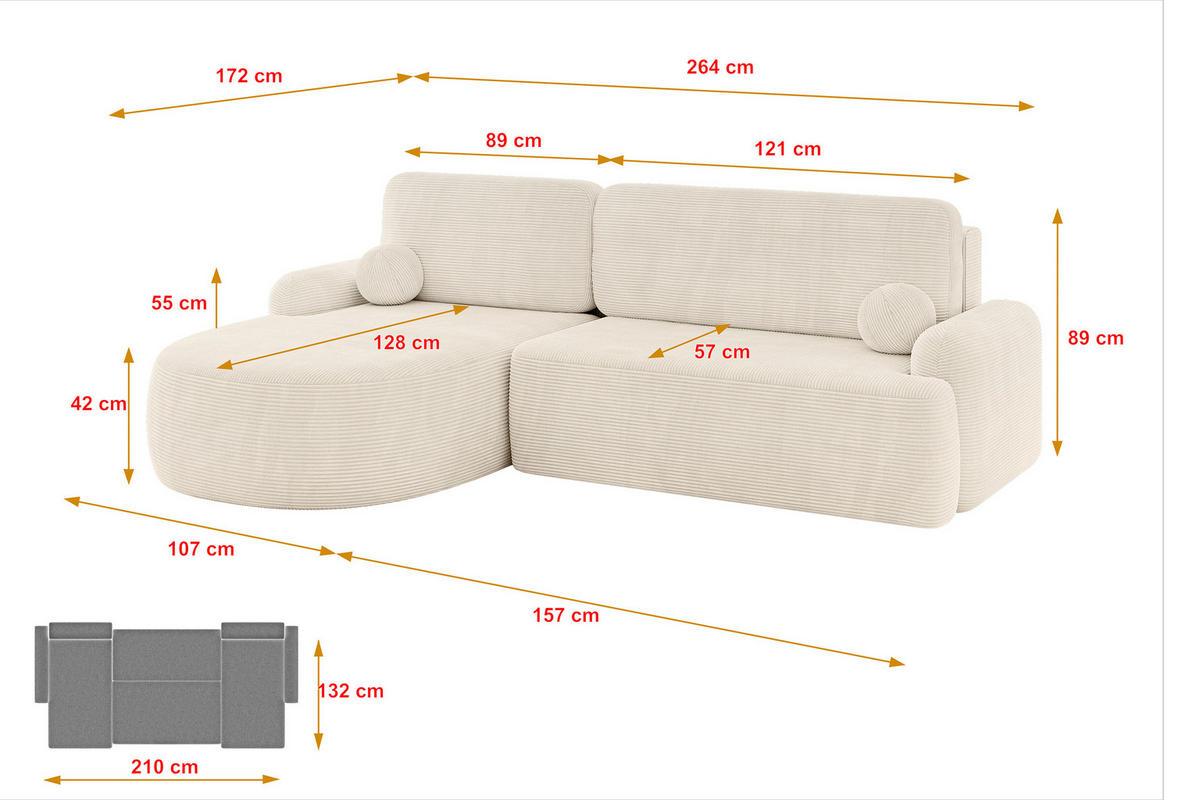 ECKSOFA mit Schlaffunktion und Bettkasten LIRA-L - 264x172x89 Beige - Beige, Holzwerkstoff/Textil (264/172cm) - ALTDECOR