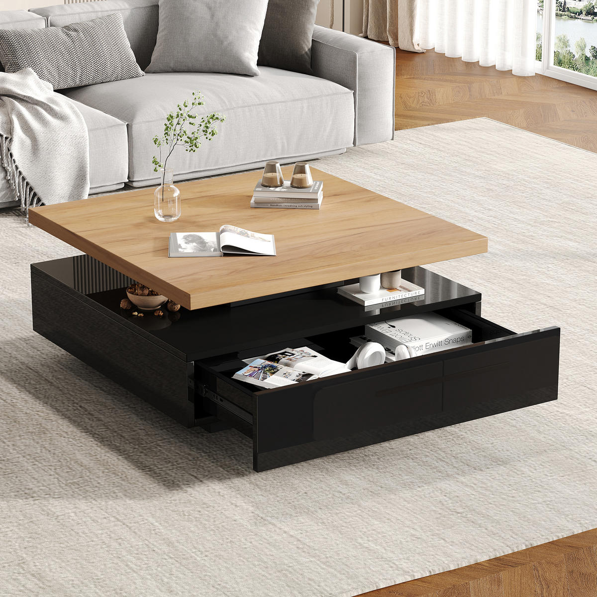 COUCHTISCH 360° schwenkbar 2-stufig Hochglanz Stauraum Naturholz Schwarz - Walnussfarben, Holzwerkstoff (70/70/36cm) - FLIEKS