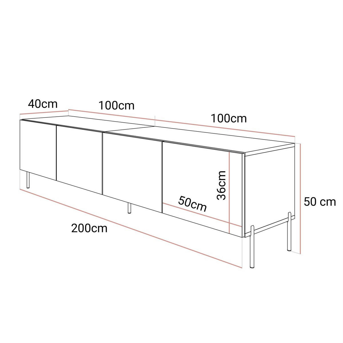 TV-SCHRANK COLGANTE 100 Kaschmir Hochglanz, mit LED, Gerade goldene Füßen - Kaschmir/Goldfarben, Holzwerkstoff (200/50/40cm) - Lookway