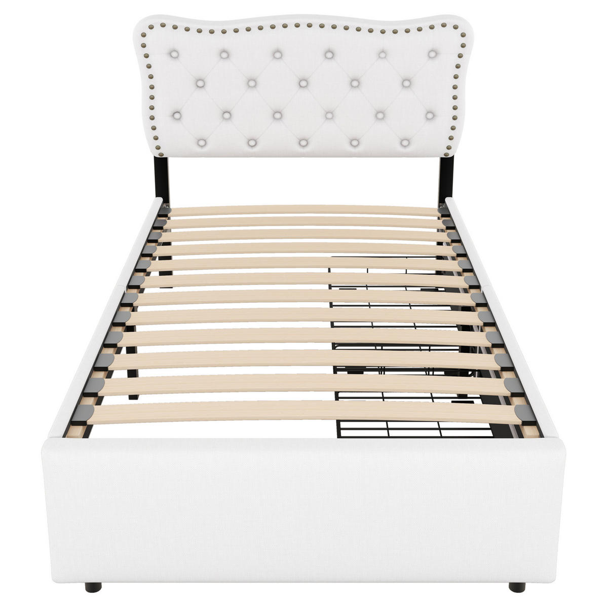 ČALOUNĚNÁ postel 90/200 cm světle béžová z MDF a lnu se 2 zásuvkami a nastavitelným čelem - bílá, textil (90/200cm) - OKWISH