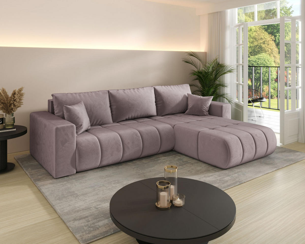 ROHOVÁ pohovka LARA PREMIUM pravá tmavě růžová samet Monolith 62 - funkce spaní, úložný prostor - růžová, textil (280/174cm) - Cornero