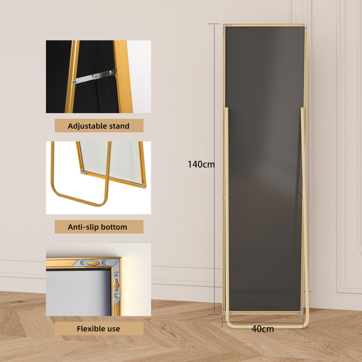 STANDSPIEGEL 140 x 40 cm, rechteckiger zum Aufstellen an der Wand oder zum Aufhängen, goldfarben - Goldfarben, Glas (40/150/3cm) - WoodenAura