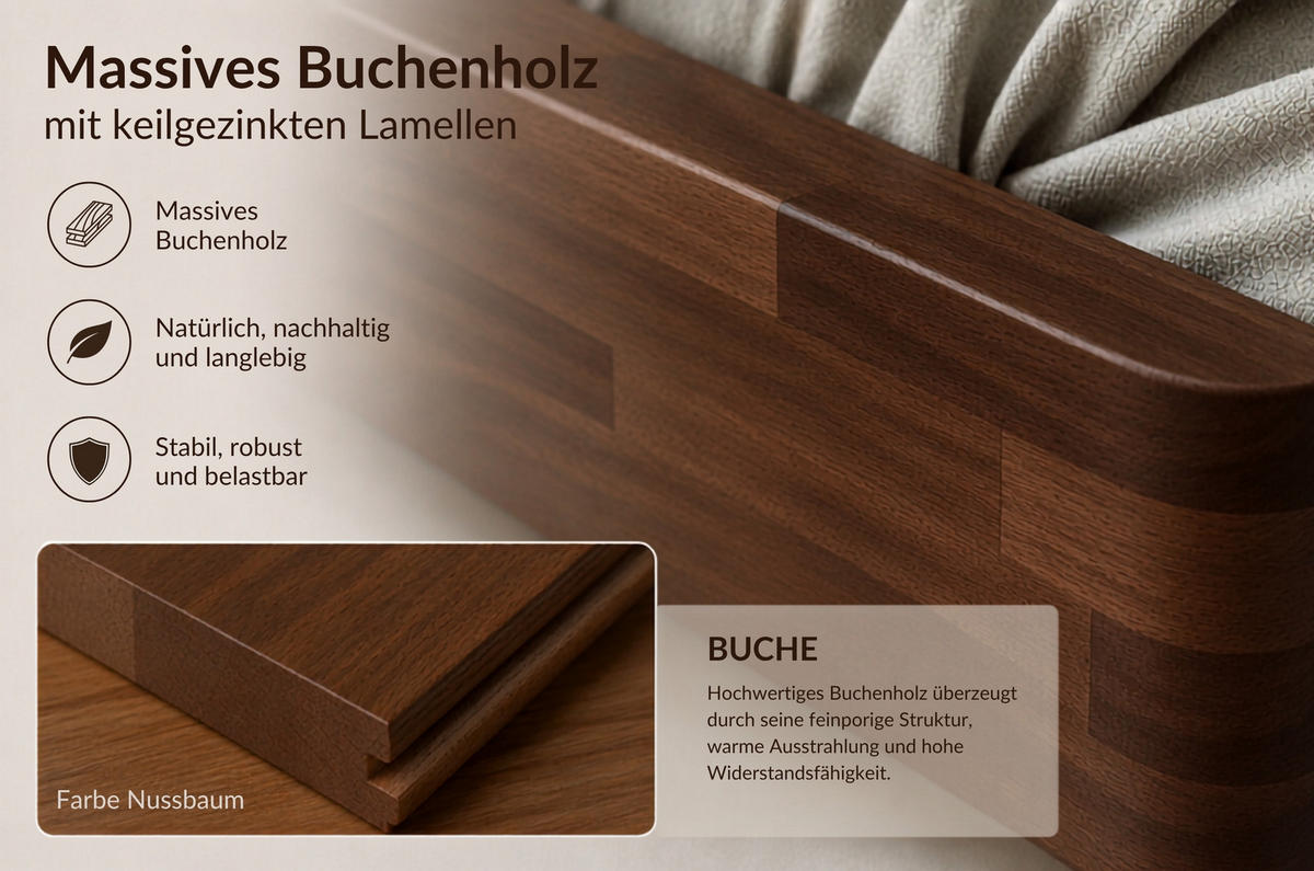 MASSIVHOLZBETT Lena Flat, 140/200, Buche - lackiert, Nussbaumfarbe - Walnussfarben, Holz/Buchenholz (140/200cm) - Visby