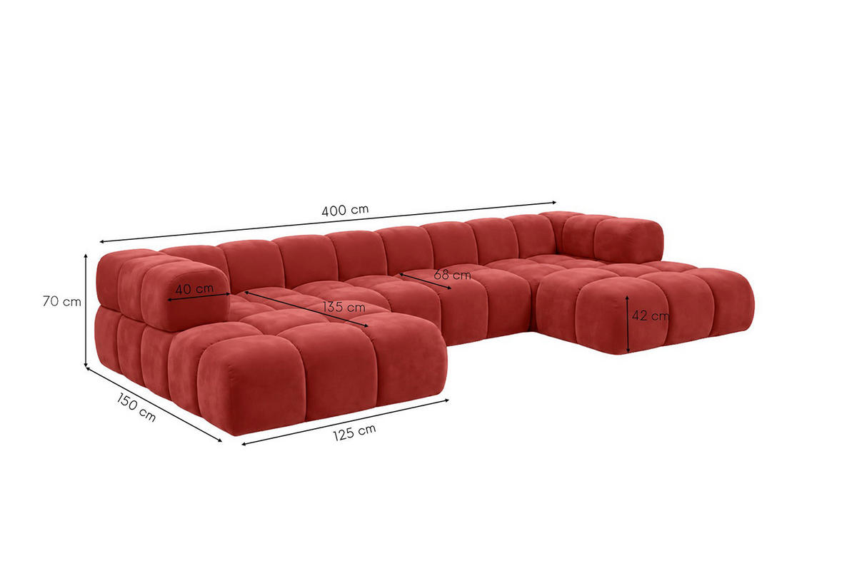 ROHOVÁ SEDAČKA ve tvaru U, velurová tkanina Bluvel, Vínová, Averro U XL - vínově červená, dřevo (400/70/150cm) - Kaiser Möbel