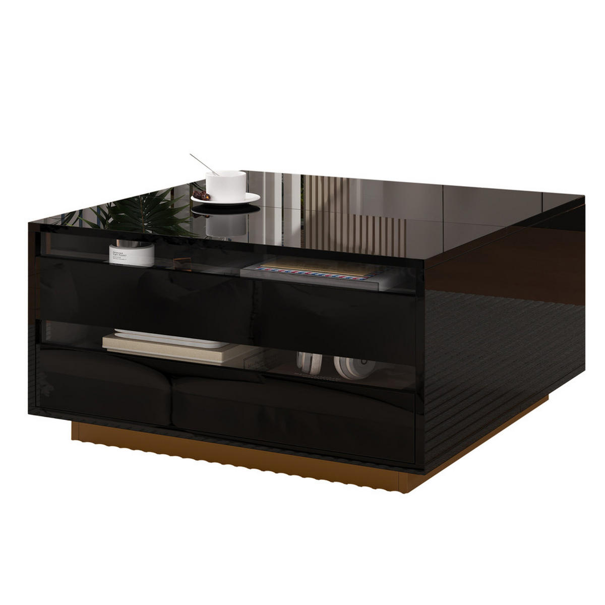 COUCHTISCH 70x70cm Schwarz Anhebbar LED Hochglanz Schublade Stauraum - Schwarz, Holz (94.67/46.46/19.13cm) - FLIEKS