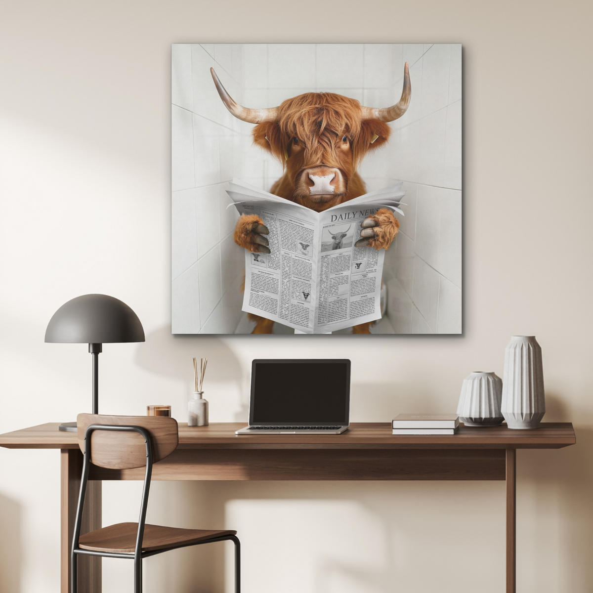 AKUSTIKPANEEL Schottisches Hochlandrind - Tier - Zeitung - Toilette 90x90 cm - Kastanienfarben, Textil (90/0.9/90cm) - MuchoWow