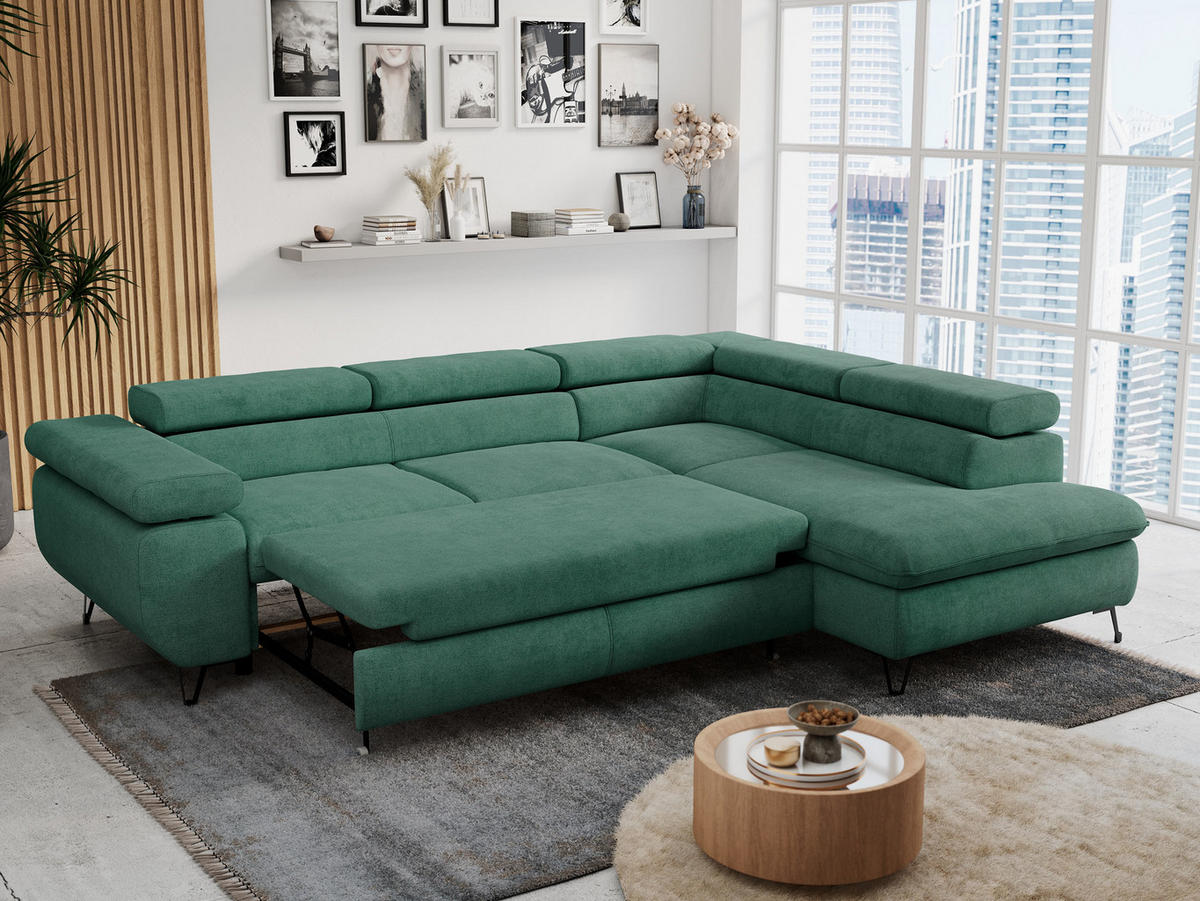 ECKSOFA PETER L Grün Struktur - Rechts Seite - Schwarz/Grün, Textil/Metall (273/208cm) - MKS