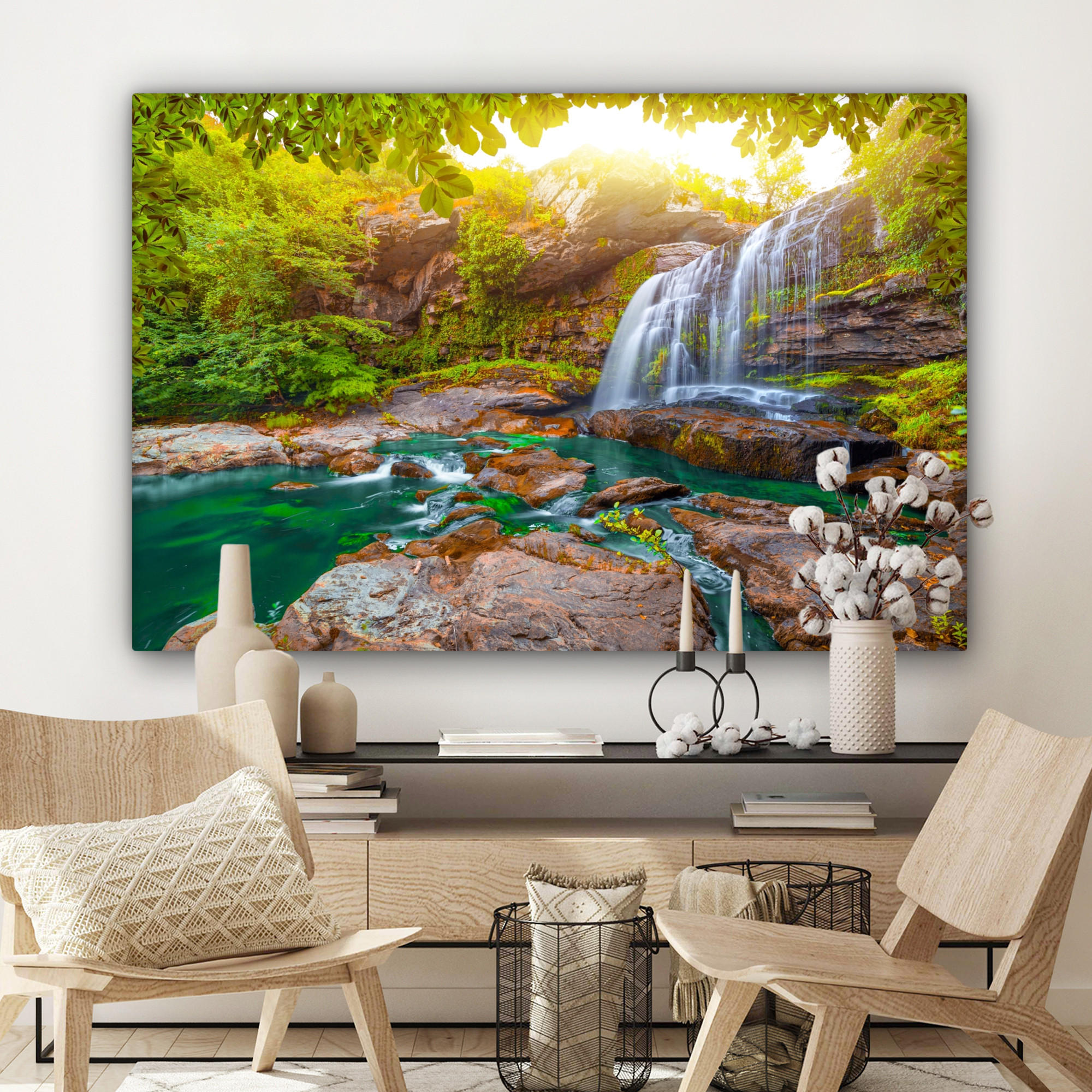 LEINWANDBILD Natur - Wasserfall - Pflanzen - Bäume - Sonne Groß 140x90 cm - Olivgrün, Textil (140/90cm) - MuchoWow