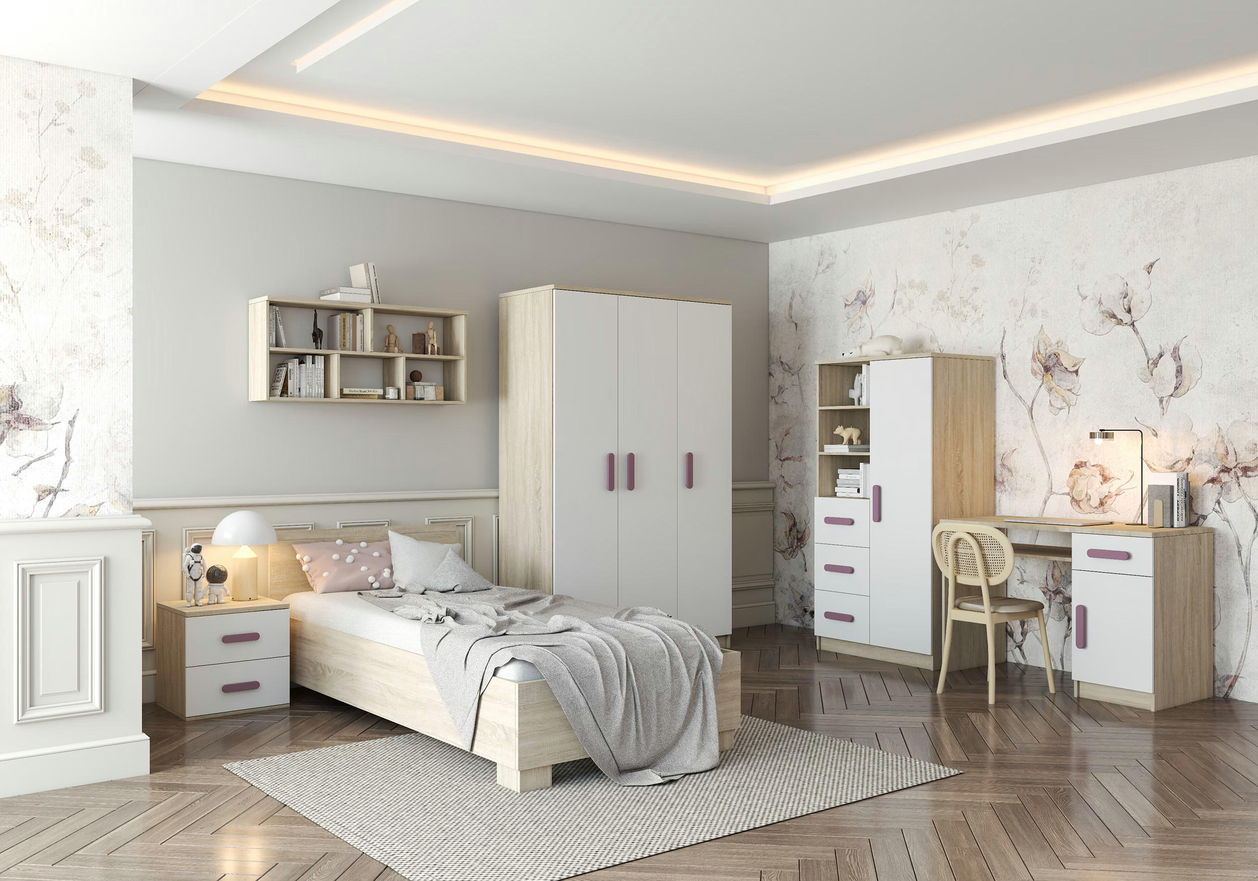 JUGENDZIMMER Elora in Eiche und Weiß – 6-teiliges Set – Grifffarbe Erika - Braun, Holzwerkstoff (80/200/120cm)