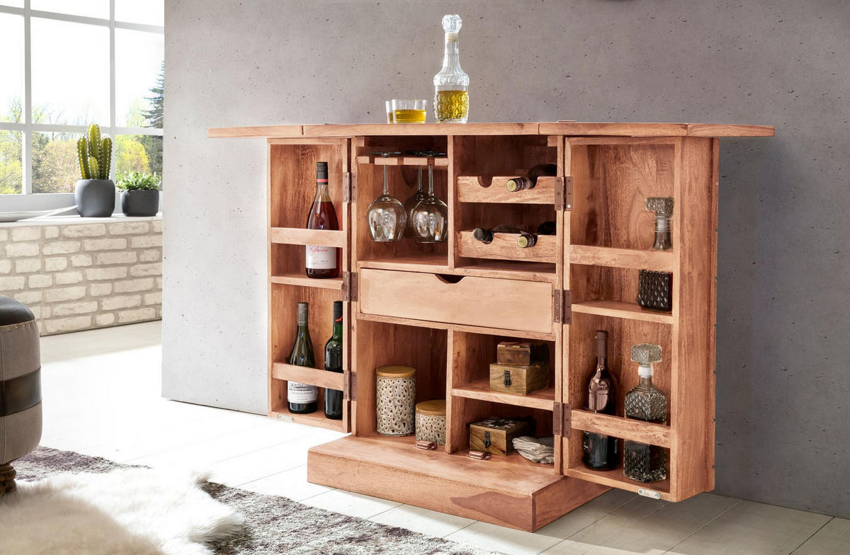 HAUSBAR aus Massivholz mit Klappfunktion und Stauraum für Flaschen und Gläser, Akazie 65x50x91 cm - Akaziefarben, Holz (65/91/50cm) - KADIMA DESIGN