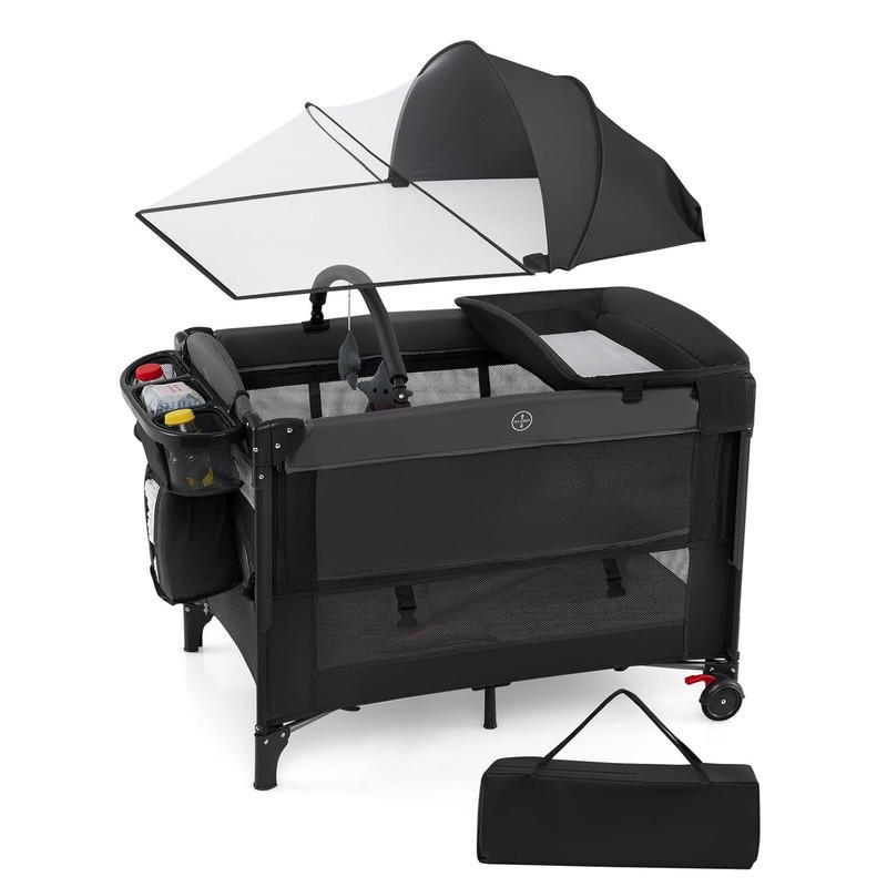BEISTELLBETT mit Matratze schwarz - Schwarz, Textil - COSTWAY