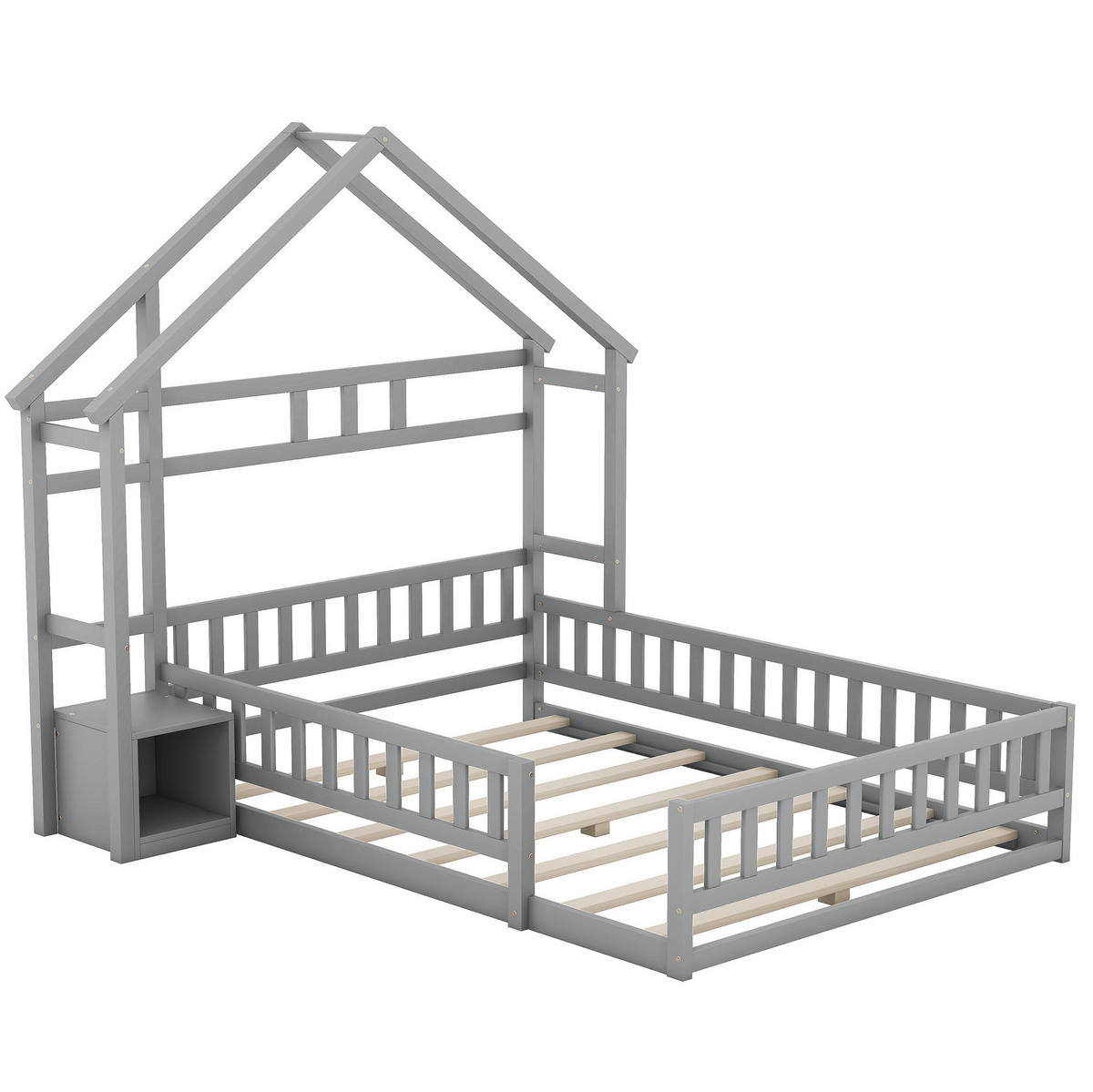 KINDERBETT 140/200 cm im Hausdesign mit Geländer und Nachttisch, Grau - Grau, Holzwerkstoff (140/200cm) - Redom