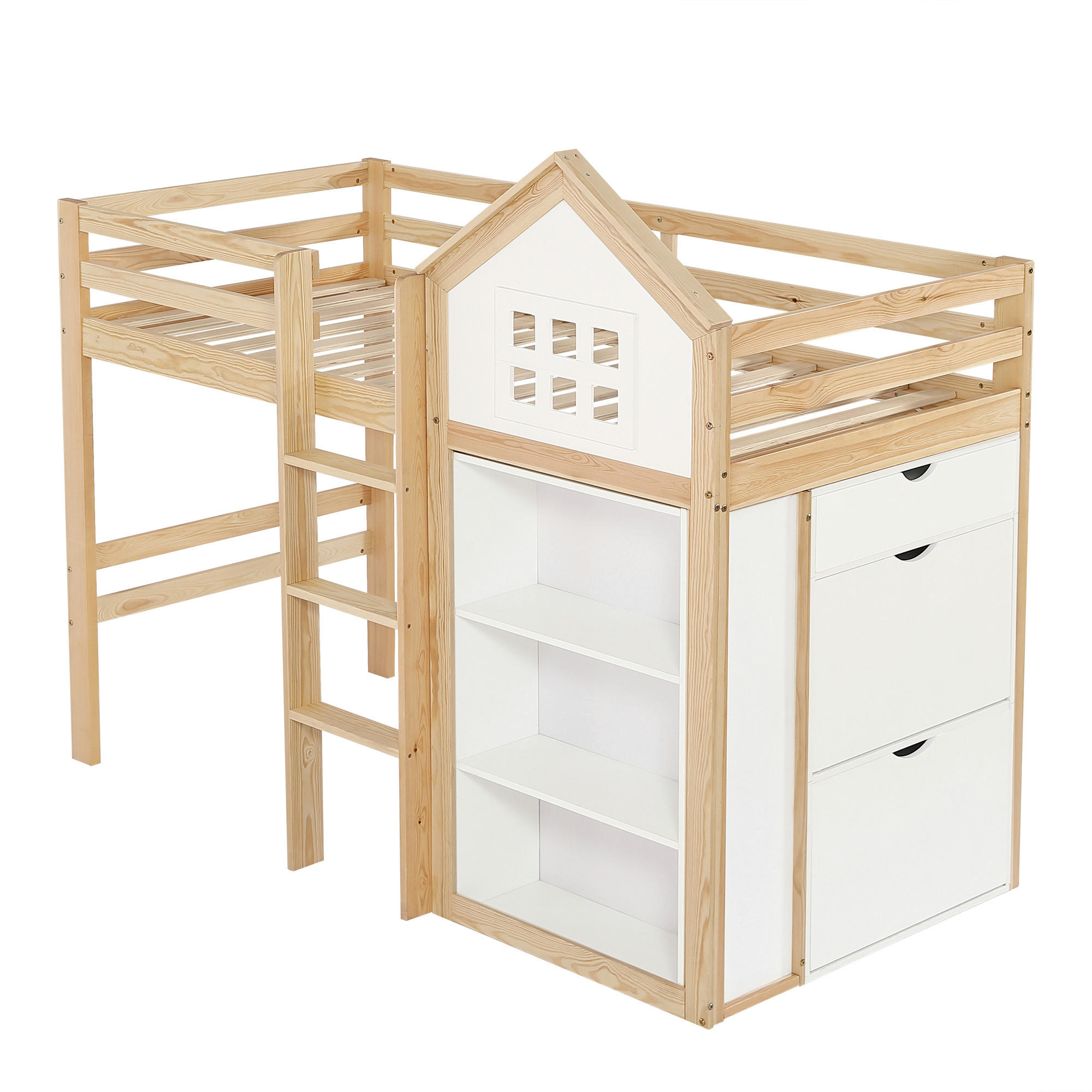 HOCHBETT 90/200 cm DE-02346, in Weiß/Natur, mit Staufächern, Schubladen und Sicherheitsgeländer - Weiß/Naturfarben, Holz/Holzwerkstoff (90/200cm) - ComfortXL