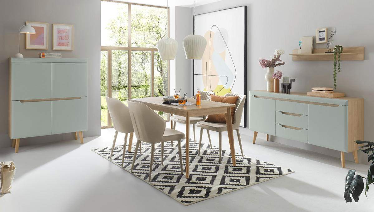 SIDEBOARD Pistazie grün, Eiche, skandinavisch 160 cm, Kommode mit Soft-Close - Eichefarben/Pastellgrün, Eichenholz/Holz (160/83/40cm) - Furn.Design