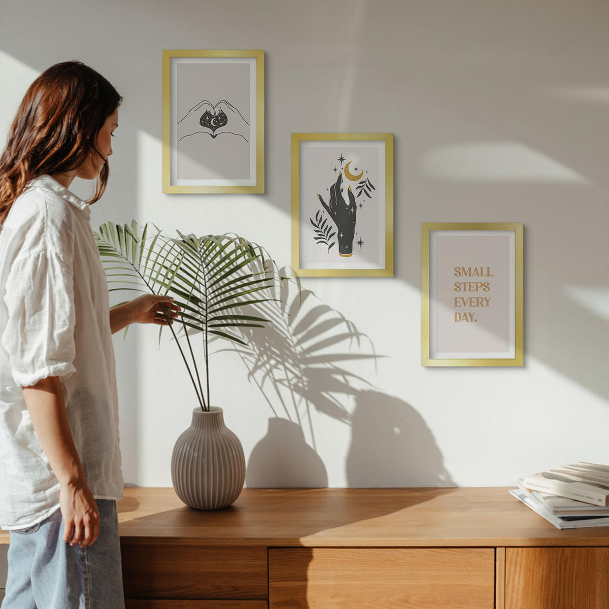 WANDBILDER 3er Set - 20x30 cm Goldrahmen - Minimalistische Boho-Illustrationen - Goldfarben, Kunststoff (20/30cm) - ArtPrintCave