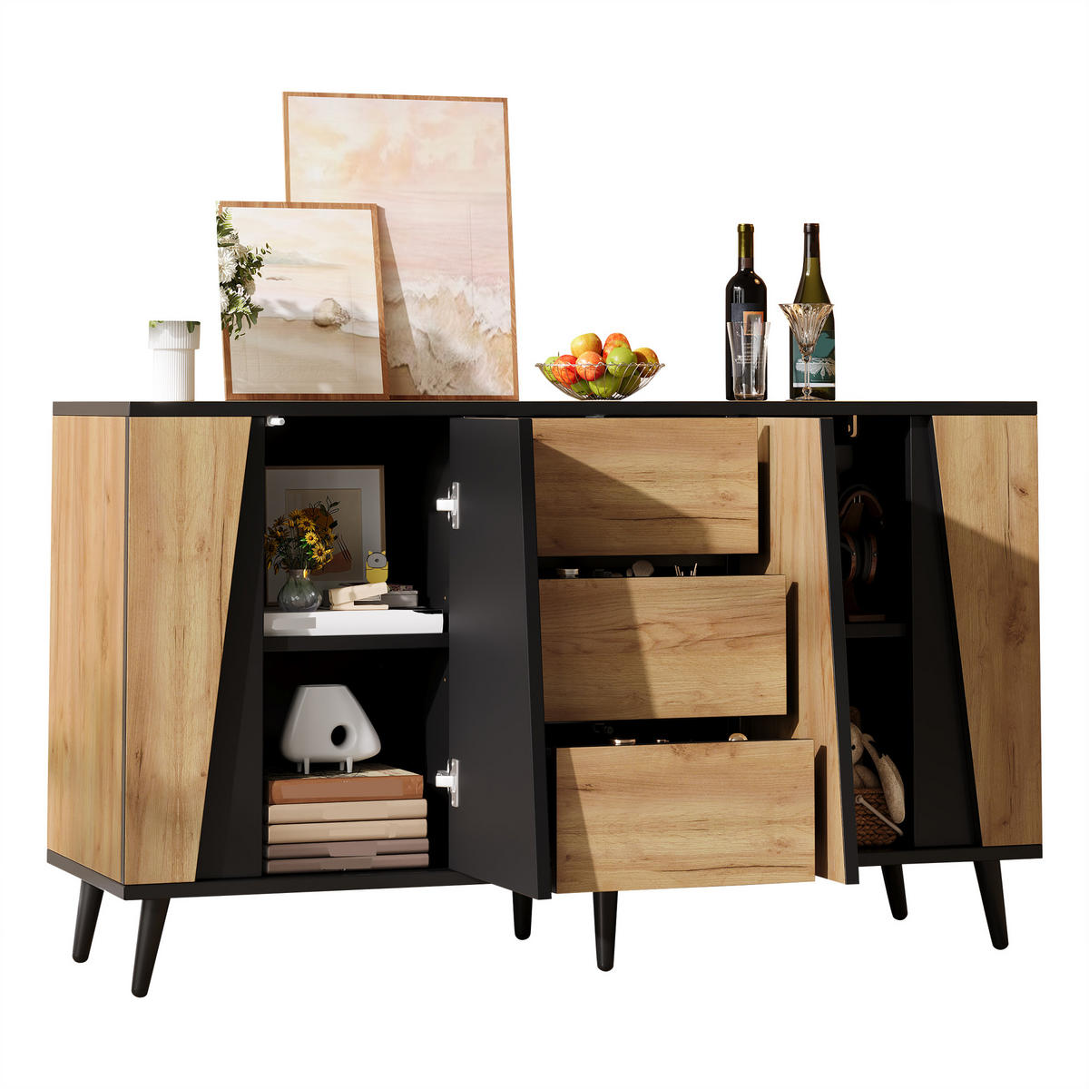 SIDEBOARD 120/40/70 cm mit 2 Türen, 3 Schubladen und verstellbaren Einlegeböden in Holzoptik-Schwarz - Schwarz/Naturfarben, Holzwerkstoff (120/70/40cm) - CHICFURN