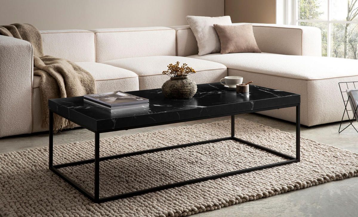 COUCHTISCH in Stein-Optik mit Metallbeinen, Modernes Design, Rechteckig, Groß, Schwarz 120x60x38 cm - Schwarz, Holzwerkstoff/Metall (60/120/38cm) - KADIMA DESIGN