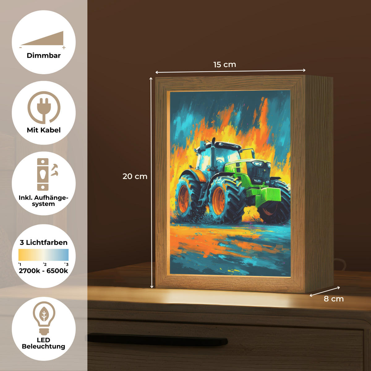 NÁSTĚNNÁ LAMPA Abstrakt - Traktor - Zelený 15x20 cm - tmavě modrá, kompozitní dřevo (15/20/8cm) - OnlyWow