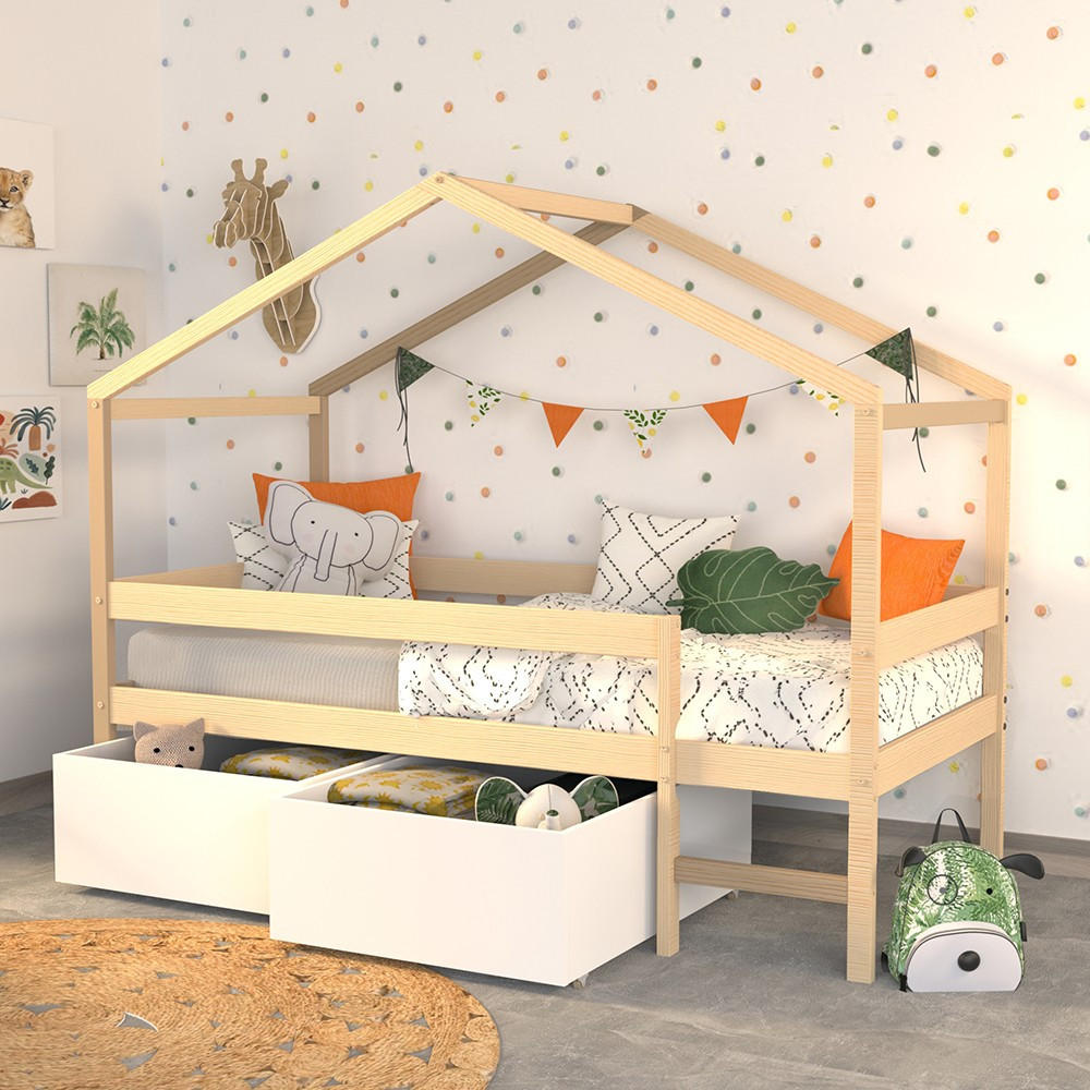 HAUSBETT MIKA mit Matratze und Schublade/ Kinderbett 90x190 - Naturfarbe & Weiß - Multicolor, Holz (90/190cm) - Weber Industries