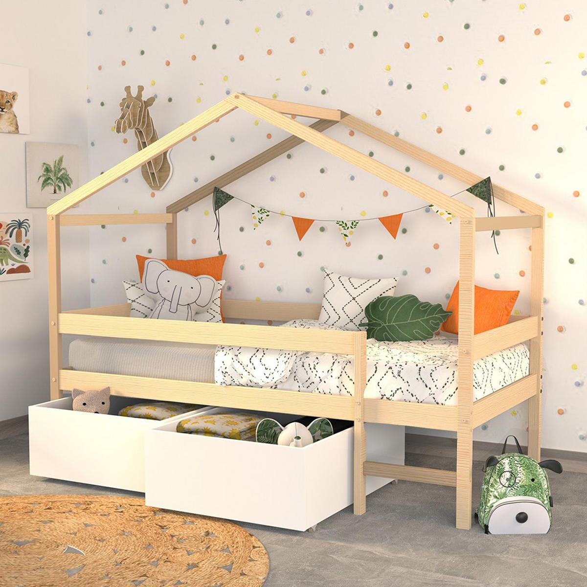 HAUSBETT MIKA mit Matratze und Schublade/ Kinderbett 90x190 - Naturfarbe & Weiß - Multicolor, Holz (90/190cm) - Weber Industries
