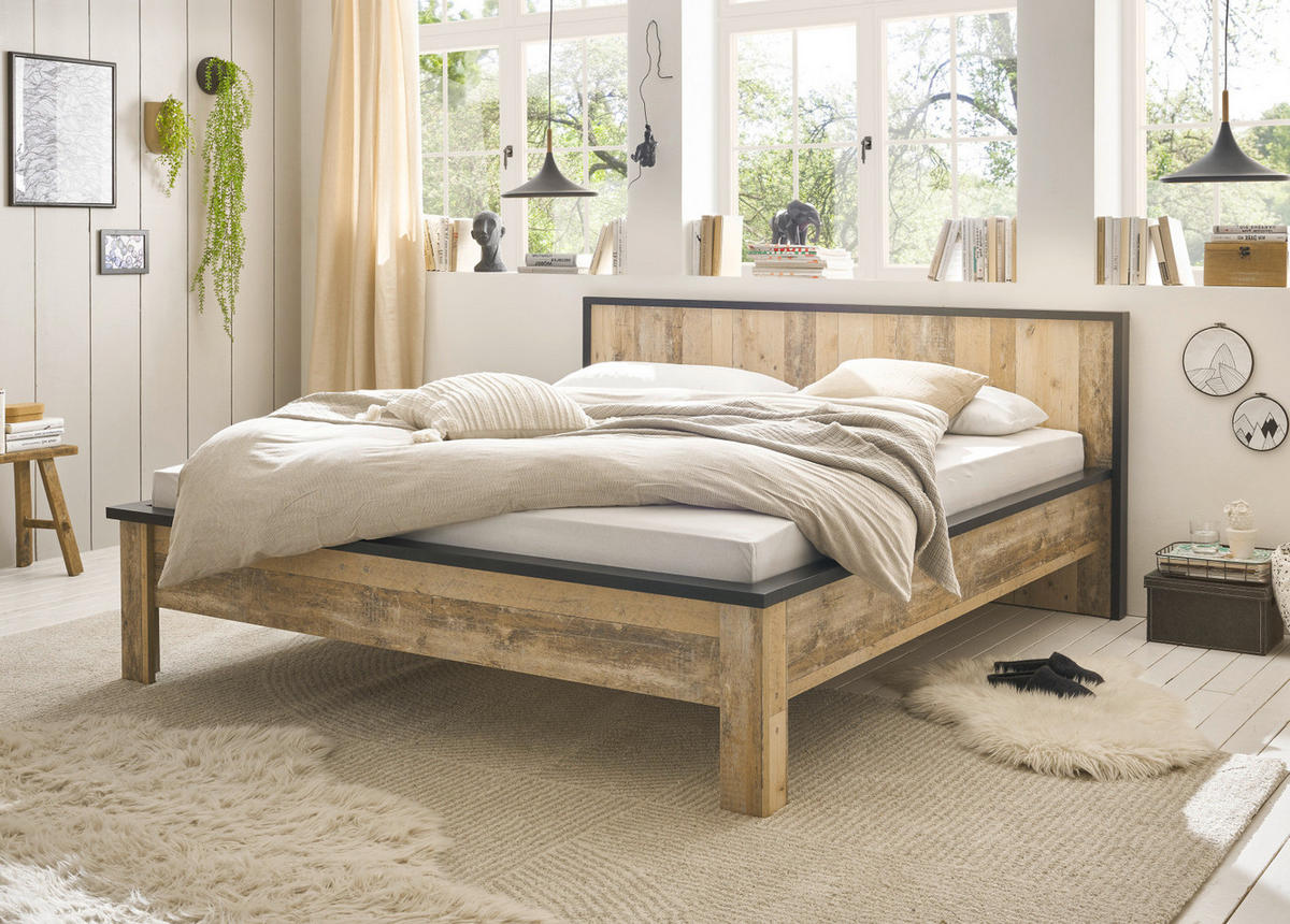 BETT Used Wood hell, Anthrazit, Doppelbett Liegefläche 180 x 200 cm - Eichefarben/Anthrazit, Holzwerkstoff/Metall (180/200cm) - Furn.Design