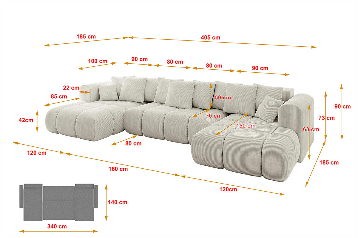 WOHNLANDSCHAFT CLOUD-U-v1 405x185x90 Hellgrau Cord - Hellgrau, Holzwerkstoff/Kunststoff (405/90/185cm) - ALTDECOR