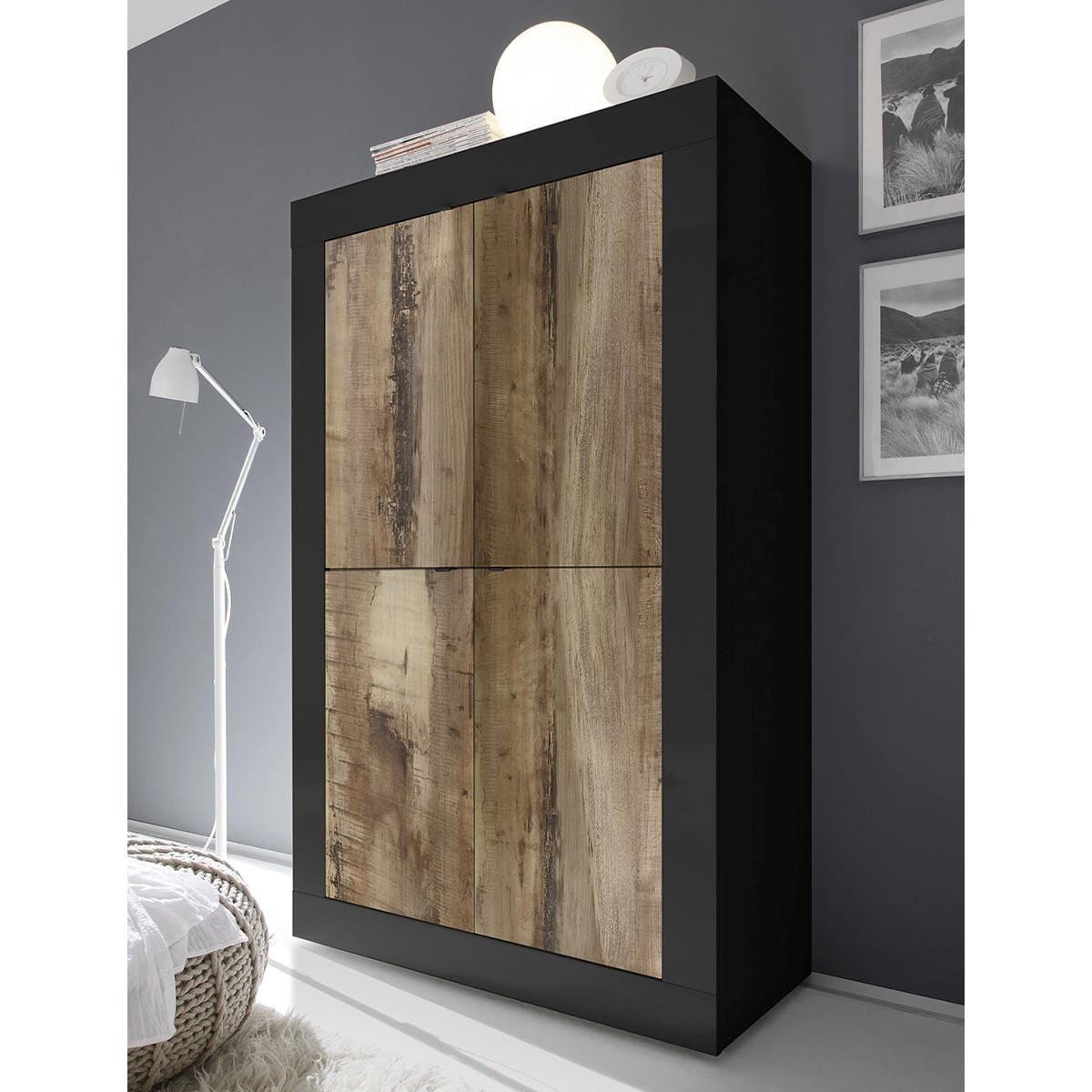 HIGHBOARD 4 Türen aus Holz L101,4 cm - Initial - Schwarz, Holzwerkstoff (42/161.2/101.4cm) - Calicosy