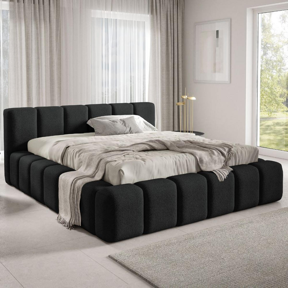 POLSTERBETT KALLA Premium 140x200 cm mit Bettkasten – QUELLE 100 - Schwarz, Holz - Dekori_Interiors